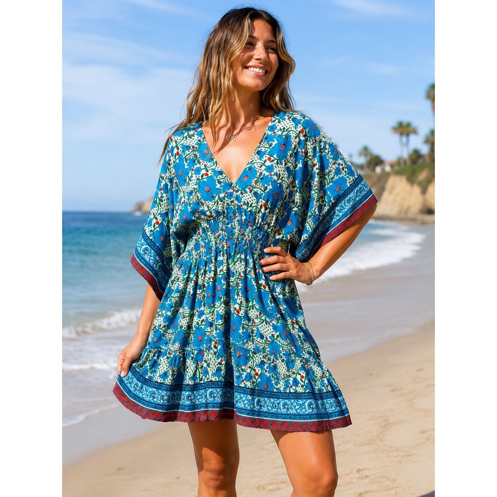 Natural Life Floral‎ Mini Dress Womens XL Blue Boho Smocked Kimono Sleeve Exc